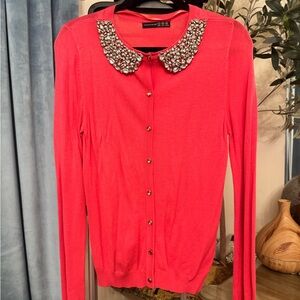 Atmosphere Coral Cardigan with Embellished Collar